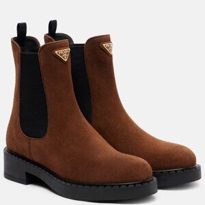 PRADA Triangle Logo Chocolate Chelsea Suede Pull On Ankle Boots Brown